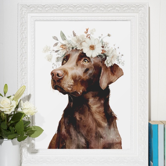 Watercolor Labrador Retriever with Flower Crown Portrait Wall Art Print Unframed - Picture 7 of 7